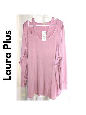 Plus Sz 3X Pink Sweater Sweatshirt Cut Out at Neckline Rounded Hem